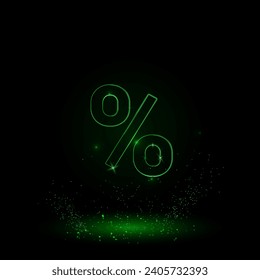 A large green outline percent symbol on the center. Green Neon style. Neon color with shiny stars. Vector illustration on black background