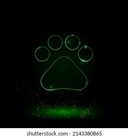 A large green outline pet symbol on the center. Green Neon style. Neon color with shiny stars. Vector illustration on black background