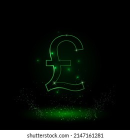 A large green outline pound symbol on the center. Green Neon style. Neon color with shiny stars. Vector illustration on black background
