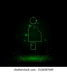 A large green outline pregnant woman symbol on the center. Green Neon style. Neon color with shiny stars. Vector illustration on black background