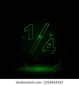 A large green outline quarter fraction symbol on the center. Green Neon style. Neon color with shiny stars. Vector illustration on black background