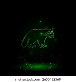 Um grande símbolo de guaxinim verde no centro. Estilo Neon Verde. Cor neon com estrelas brilhantes. Ilustração vetorial no plano de fundo preto