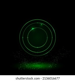 A large green outline radio button symbol on the center. Green Neon style. Neon color with shiny stars. Vector illustration on black background