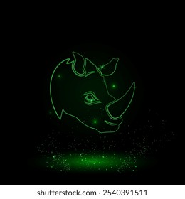 Un Grande logo de cabeza de rinoceronte de contorno verde en el centro. Estilo neón verde. Color neón con estrellas brillantes. Ilustración vectorial sobre fondo negro