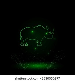 Um grande símbolo de rinoceronte com contorno verde no centro. Estilo Neon Verde. Cor neon com estrelas brilhantes. Ilustração vetorial no plano de fundo preto