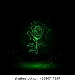 A large green outline rose flower on the center. Green Neon style. Neon color with shiny stars. Vector illustration on black background
