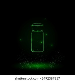 A large green outline salt shaker symbol on the center. Green Neon style. Neon color with shiny stars. Vector illustration on black background