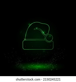 Un gran contorno verde santa claus símbolo de sombrero en el centro. Estilo neón verde. Color neón con estrellas brillantes. Ilustración del vector sobre fondo negro