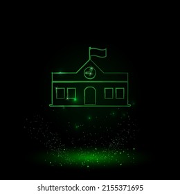 A large green outline school building symbol on the center. Green Neon style. Neon color with shiny stars. Vector illustration on black background