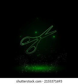 A large green outline scissors symbol on the center. Green Neon style. Neon color with shiny stars. Vector illustration on black background