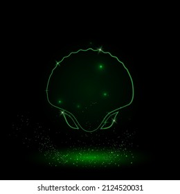 A large green outline sea shell symbol on the center. Green Neon style. Neon color with shiny stars. Vector illustration on black background