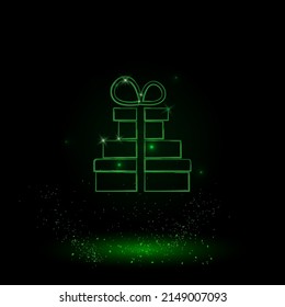 A large green outline set of gifts on the center. Green Neon style. Neon color with shiny stars. Vector illustration on black background