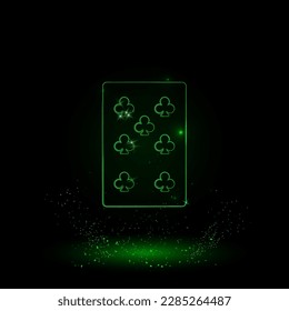 A large green outline seven of clubs playing card on the center. Green Neon style. Neon color with shiny stars. Vector illustration on black background