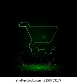 Un gran símbolo de carro de la compra en el centro. Estilo neón verde. Color neón con estrellas brillantes. Ilustración del vector sobre fondo negro