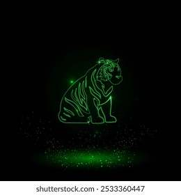 Um grande contorno verde sentado símbolo de tigre no centro. Estilo Neon Verde. Cor neon com estrelas brilhantes. Ilustração vetorial no plano de fundo preto