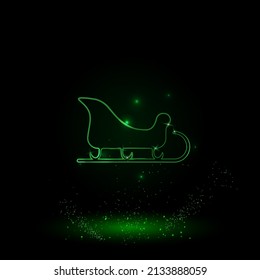 A large green outline sleigh symbol on the center. Green Neon style. Neon color with shiny stars. Vector illustration on black background
