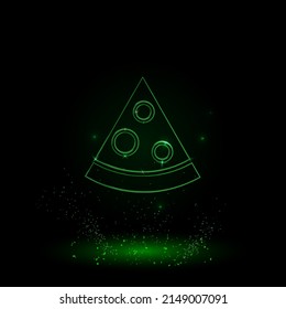 En el centro, una gran porción de pizza con contorno verde. Estilo neón verde. Color neón con estrellas brillantes. Ilustración del vector sobre fondo negro