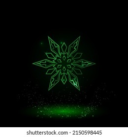 A large green outline snowflake on the center. Green Neon style. Neon color with shiny stars. Vector illustration on black background