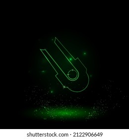 A large green outline solo bobsleigh symbol on the center. Green Neon style. Neon color with shiny stars. Vector illustration on black background
