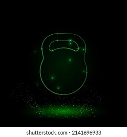 A large green outline sports weight symbol on the center. Green Neon style. Neon color with shiny stars. Vector illustration on black background