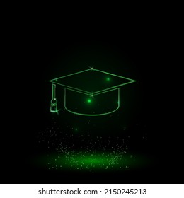 A large green outline square academic cap symbol on the center. Green Neon style. Neon color with shiny stars. Vector illustration on black background
