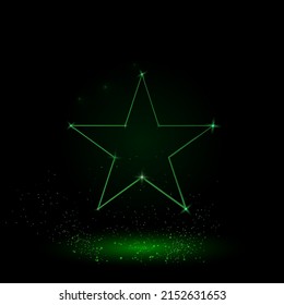 A large green outline star symbol on the center. Green Neon style. Neon color with shiny stars. Vector illustration on black background
