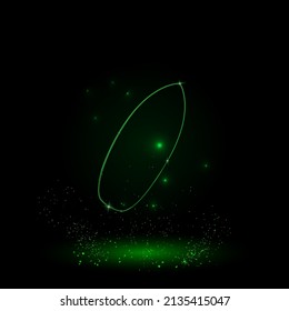 A large green outline surf board symbol on the center. Green Neon style. Neon color with shiny stars. Vector illustration on black background
