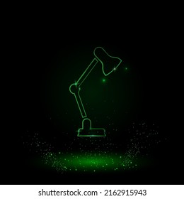 Un gran símbolo de lámpara de mesa de contorno verde en el centro. Estilo neón verde. Color neón con estrellas brillantes. Ilustración del vector sobre fondo negro