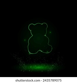 Un gran símbolo de osito de peluche con contorno verde en el centro. Estilo de neón verde. Color neón con estrellas brillantes. Ilustración vectorial sobre fondo negro