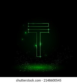 A large green outline tenge symbol on the center. Green Neon style. Neon color with shiny stars. Vector illustration on black background