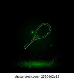 Un Grande símbolo de raqueta de tenis de contorno verde en el centro. Estilo neón verde. Color neón con estrellas brillantes. Ilustración vectorial sobre fondo negro