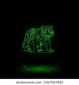 A large green outline tiger symbol on the center. Green Neon style. Neon color with shiny stars. Vector illustration on black background