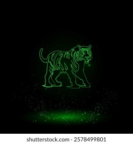 A large green outline tiger symbol on the center. Green Neon style. Neon color with shiny stars. Vector illustration on black background