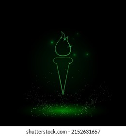 A large green outline torch symbol on the center. Green Neon style. Neon color with shiny stars. Vector illustration on black background