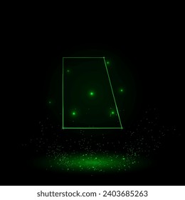 A large green outline trapezium symbol on the center. Green Neon style. Neon color with shiny stars. Vector illustration on black background