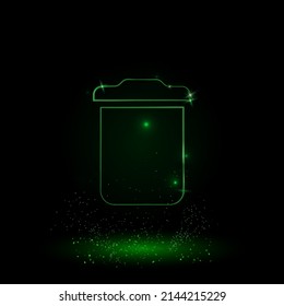 A large green outline trash symbol on the center. Green Neon style. Neon color with shiny stars. Vector illustration on black background