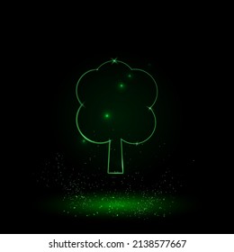 A large green outline tree symbol on the center. Green Neon style. Neon color with shiny stars. Vector illustration on black background