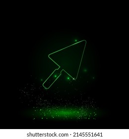 A large green outline trowel symbol on the center. Green Neon style. Neon color with shiny stars. Vector illustration on black background