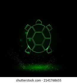 A large green outline turtle symbol on the center. Green Neon style. Neon color with shiny stars. Vector illustration on black background