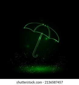 A large green outline umbrella symbol on the center. Green Neon style. Neon color with shiny stars. Vector illustration on black background