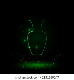 A large green outline vase on the center. Green Neon style. Neon color with shiny stars. Vector illustration on black background
