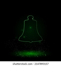 A large green outline vintage bell symbol on the center. Green Neon style. Neon color with shiny stars. Vector illustration on black background