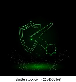 A large green outline virus bounces off the shield symbol on the center. Green Neon style. Neon color with shiny stars. Vector illustration on black background