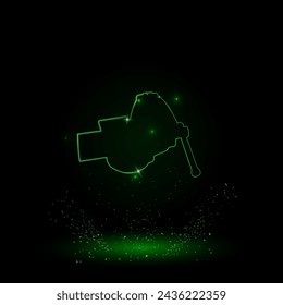 A large green outline vise symbol on the center. Green Neon style. Neon color with shiny stars. Vector illustration on black background