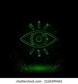 A large green outline vision symbol on the center. Green Neon style. Neon color with shiny stars. Vector illustration on black background