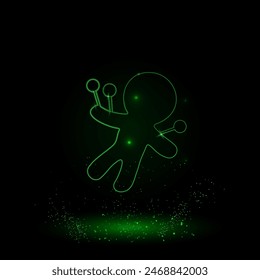 A large green outline Voodoo Doll symbol on the center. Green Neon style. Neon color with shiny stars. Vector illustration on black background