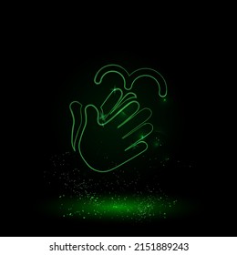 A large green outline washing hands symbol on the center. Green Neon style. Neon color with shiny stars. Vector illustration on black background