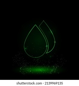 A large green outline water drop symbol on the center. Green Neon style. Neon color with shiny stars. Vector illustration on black background