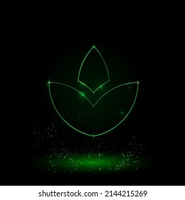 A large green outline water lily symbol on the center. Green Neon style. Neon color with shiny stars. Vector illustration on black background