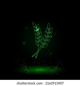 A large green outline wheat symbol on the center. Green Neon style. Neon color with shiny stars. Vector illustration on black background